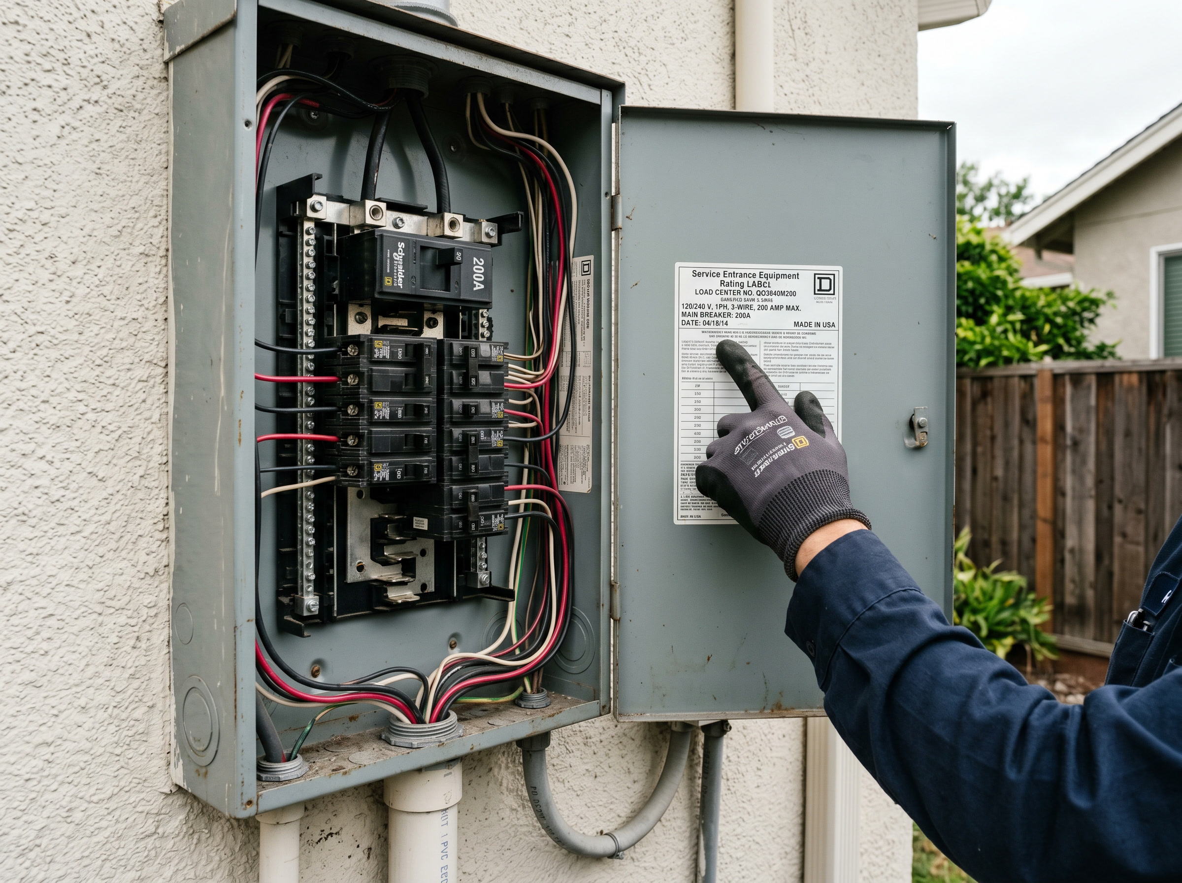 Opened residential service panel with a gloved hand indicating the rating label.