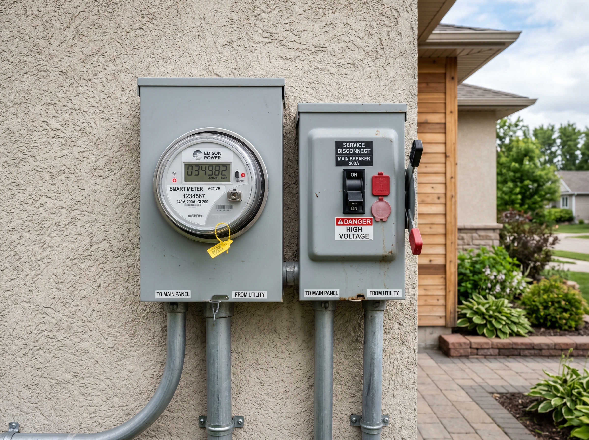 Utility smart meter beside a service disconnect on an exterior wall.