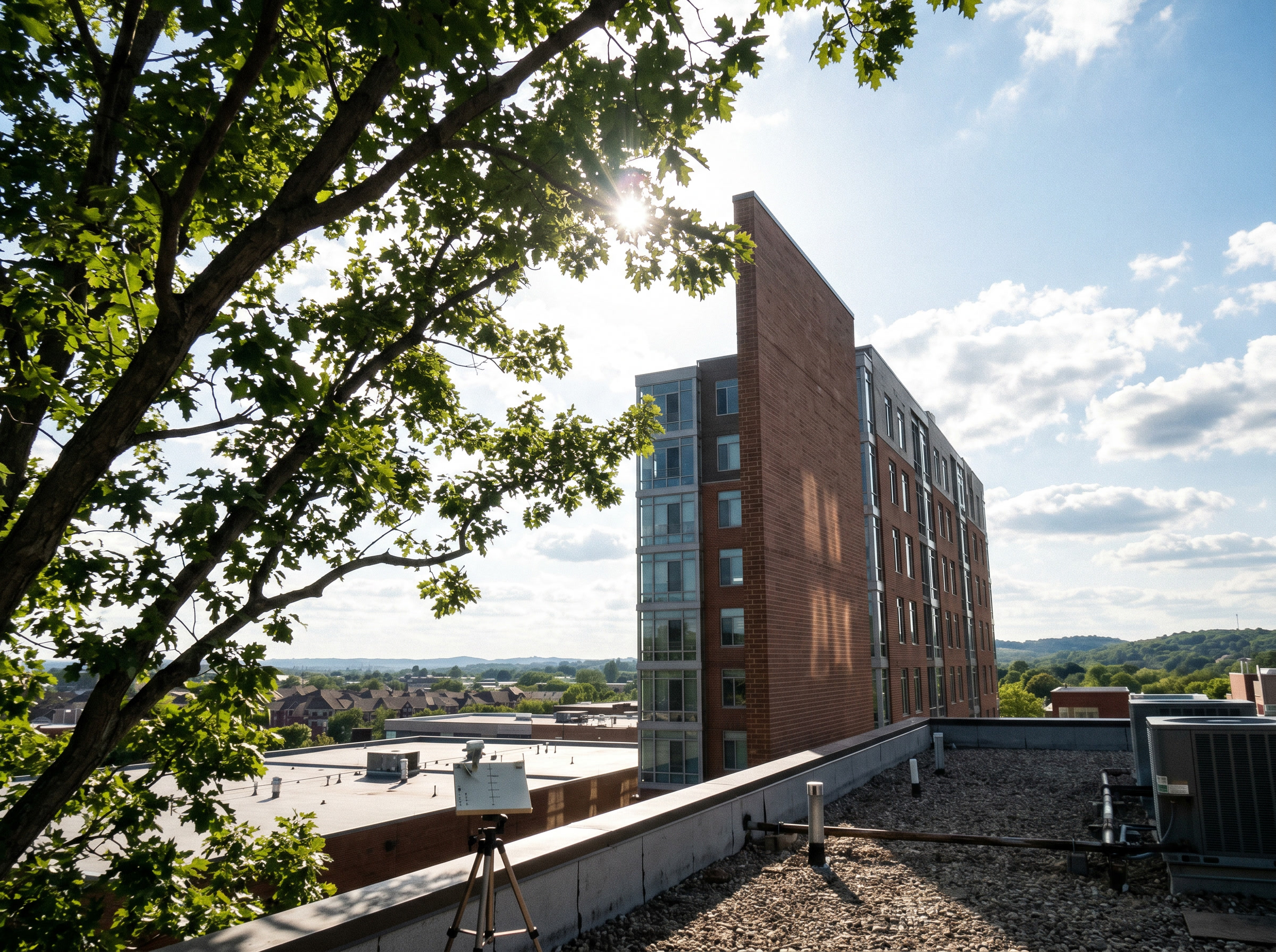 Rooftop shading-assessment tool on a tripod facing the low sun and skyline.
