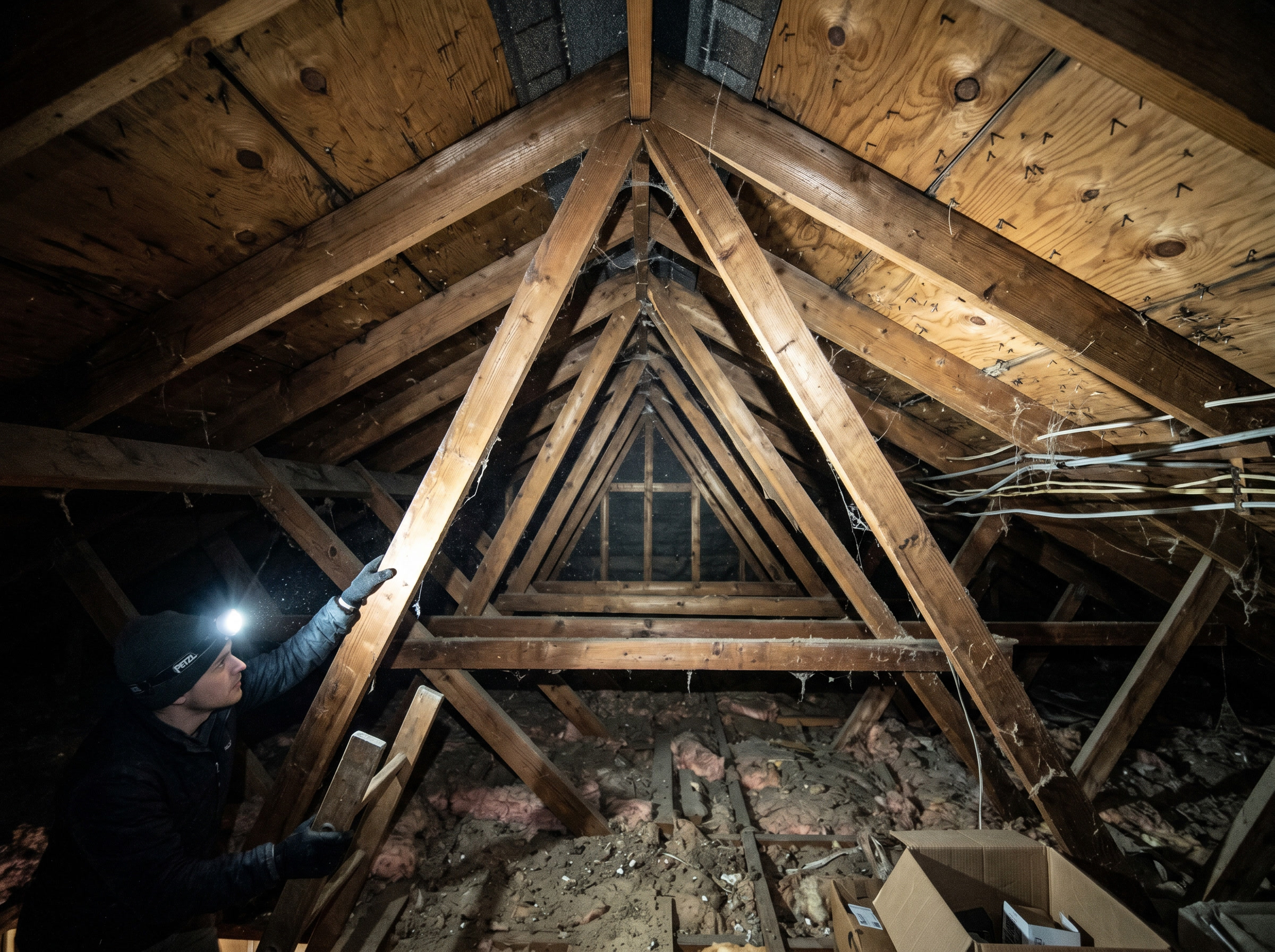 Attic interior showing roof rafters, sheathing, and structure from below.
