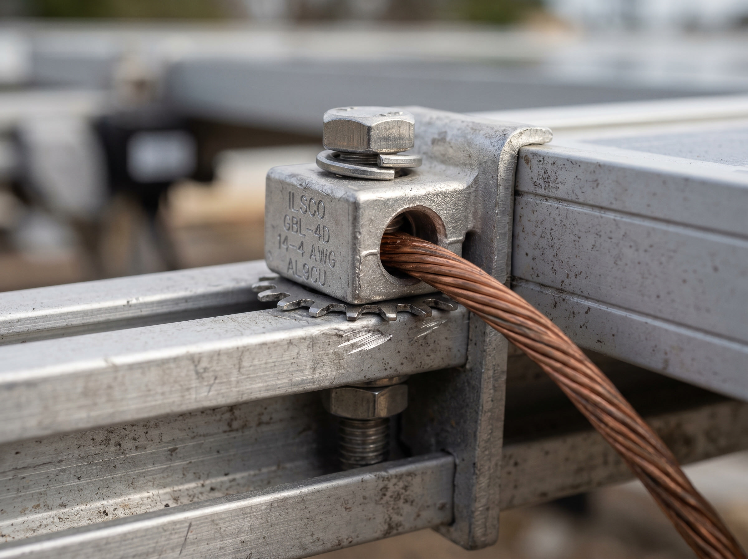 Equipment-grounding lay-in lug with a toothed bonding washer biting between a module frame and a bare copper conductor.