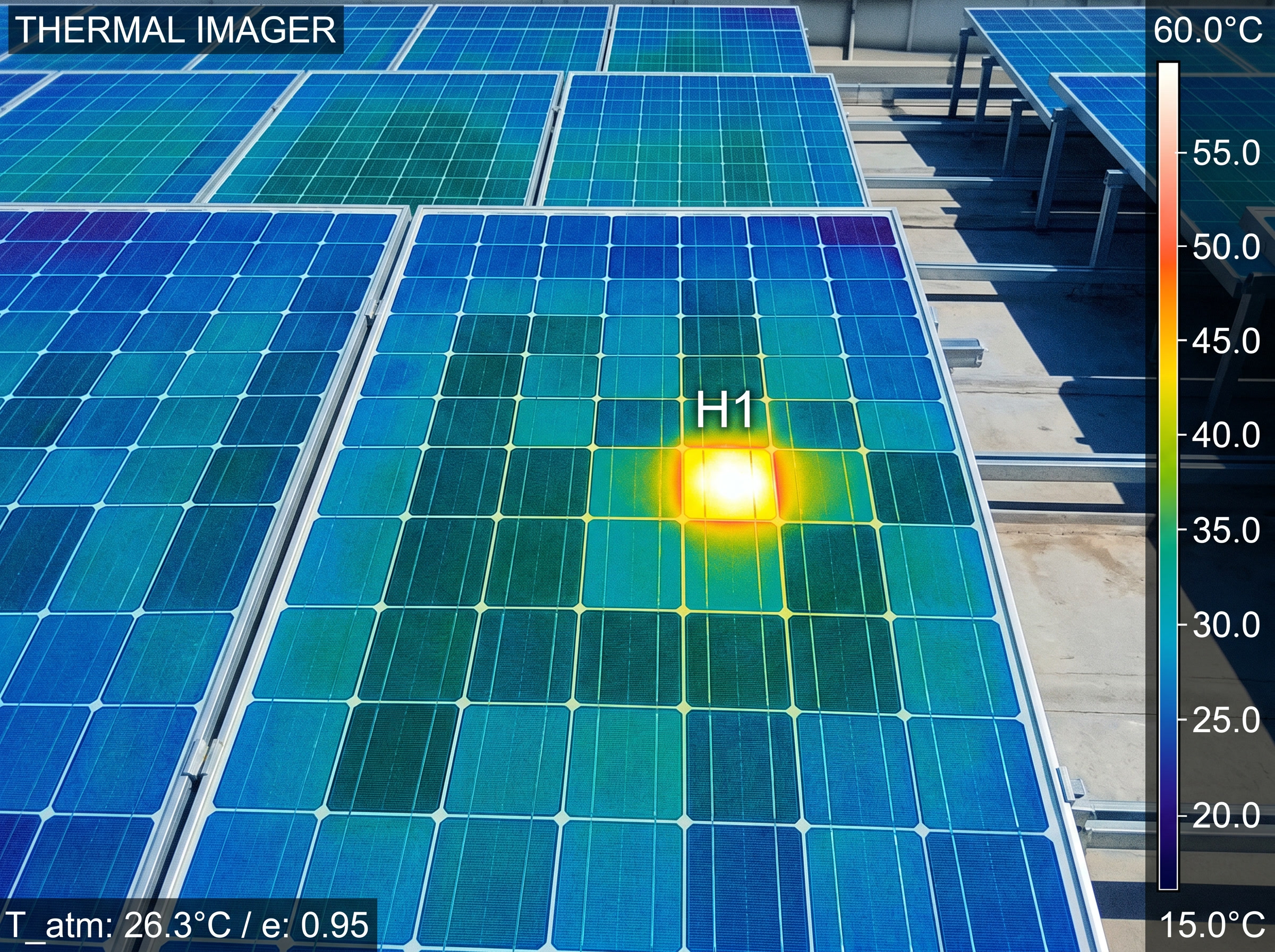 Infrared thermographic image of a PV array with one bright hot cell against cooler blue cells.
