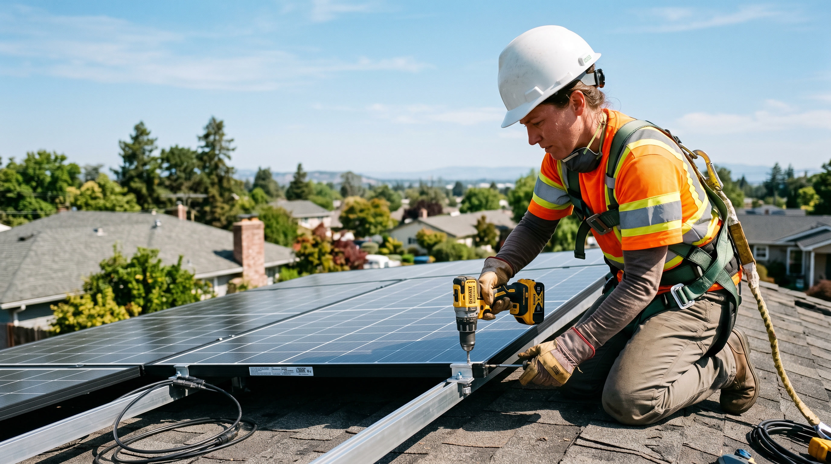 Solar installer fastening a module to a mounting rail on a residential roof.