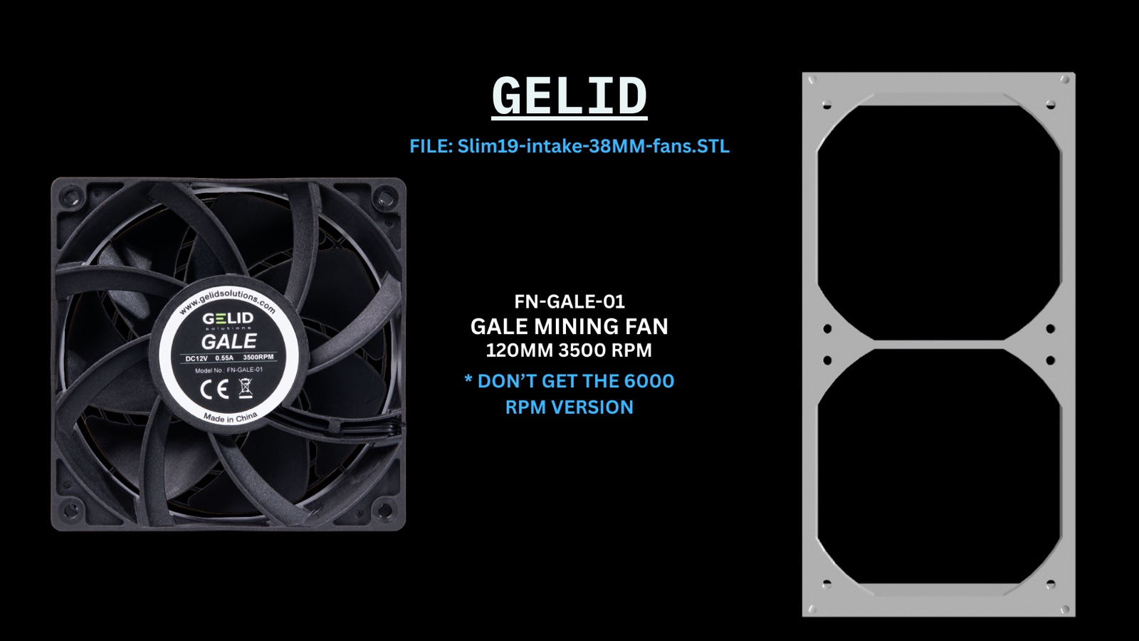 Gelid GALE 120mm mining fan and printed intake frame